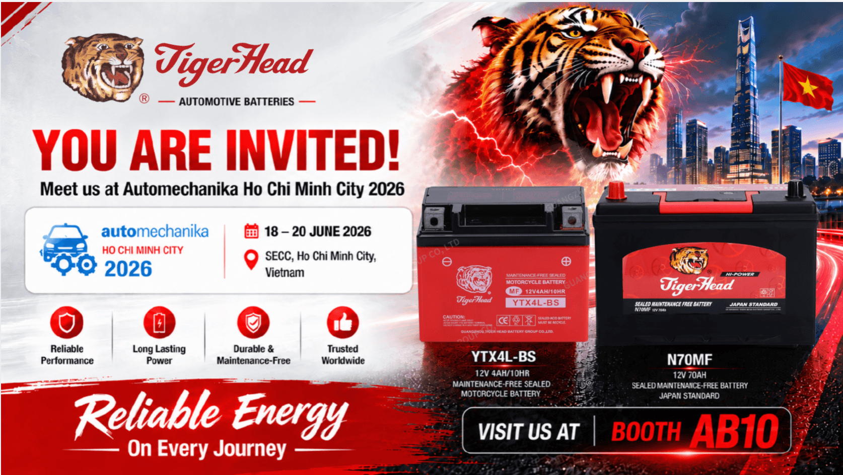 Компания Tiger Head Battery Group представит решения для автомобильного электропитания на выставке Automechanika Ho Chi Minh City 2026.